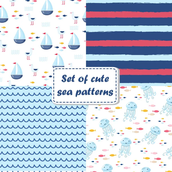 Big Set Cute Marine Elements Cards Stickers Sea Cartoon Patterns — Stock Vector