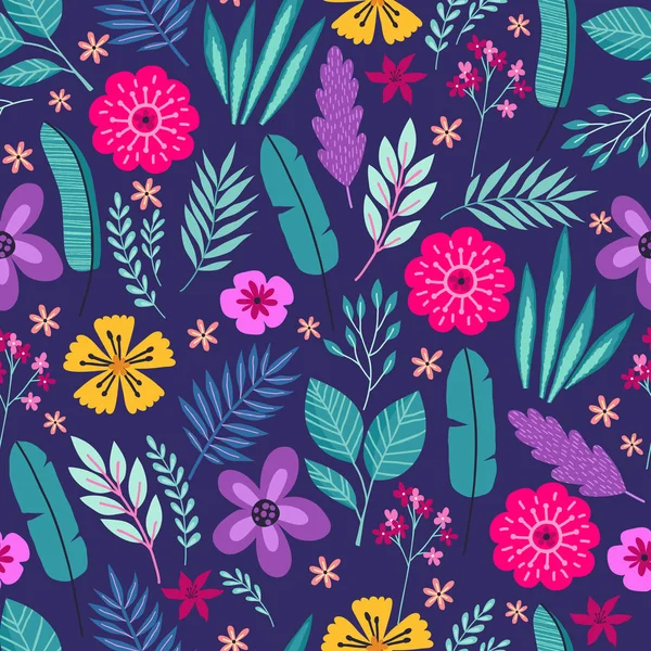抽象的な熱帯のヤシの葉と花のシームレスなパターン ベクトル図 — ストックベクタ