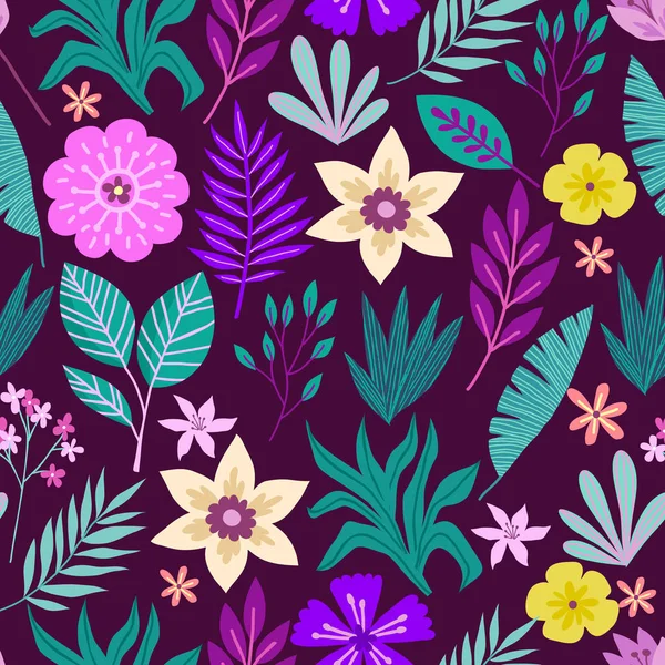 抽象的な熱帯のヤシの葉と花のシームレスなパターン ベクトル図 — ストックベクタ