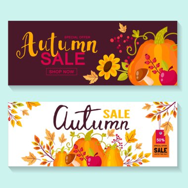 Sonbahar satış broşüründe harfler var. Parlak sonbahar yaprakları. Poster, kart, etiket, pankart tasarımı. Parlak çizgili arka plan. Vektör illüstrasyonu EPS10