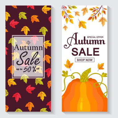 Sonbahar satış broşüründe harfler var. Parlak sonbahar yaprakları. Poster, kart, etiket, pankart tasarımı. Parlak çizgili arka plan. Vektör illüstrasyonu EPS10