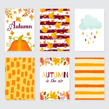 Yaratıcı sonbahar kartları ayarlayın. Elle çizilmiş dokuları ve fırça yazı. Tasarım poster, kart, davetiye, broşür, el ilanı için. Vektör şablonları.