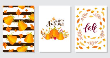 Yaratıcı sonbahar kartları ayarlayın. Elle çizilmiş dokuları ve fırça yazı. Tasarım poster, kart, davetiye, broşür, el ilanı için. Vektör şablonları.
