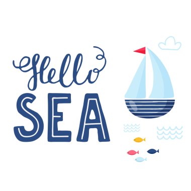 Vektör doodle deniz çizim. İskandinav tarzı. Deniz hayvanları, balina, katil balina, yengeçler martı hazır kartlarla deniz sembolleri balık