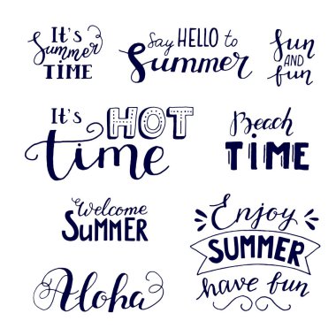 Yaz etiketleri, logolar, çizilmiş Etiketler el ve öğeleri yaz tatil, seyahat, beach tatil, güneş için ayarlayın. Vektör çizim.