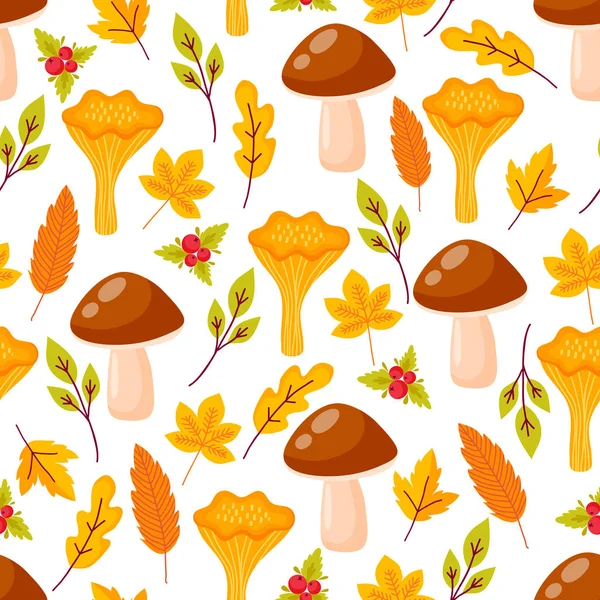 Seamless Pattern Autumn Branches Leaves White Background Floral Hand Drawn — Stock Vector