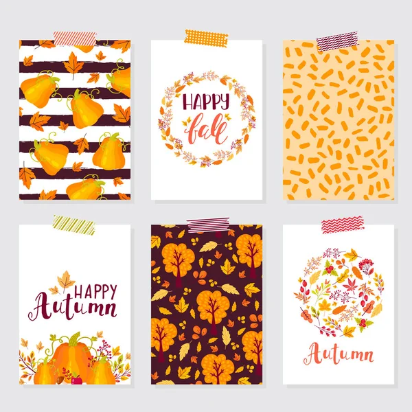 Establecer Tarjetas Creativas Otoño Texturas Dibujadas Mano Letras Pincel Diseño — Vector de stock