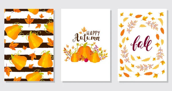 Yaratıcı sonbahar kartları ayarlayın. Elle çizilmiş dokuları ve fırça yazı. Tasarım poster, kart, davetiye, broşür, el ilanı için. Vektör şablonları.