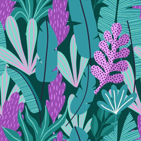 Nahtloses Muster Mit Abstrakten Tropischen Palmblättern Und Blüten Vektorillustration — Stockvektor