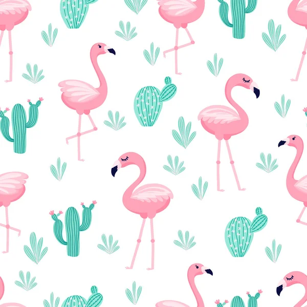 Tropical Trendy Seamless Pattern Pink Flamingos Mint Green Palm Leaves — Stock Vector