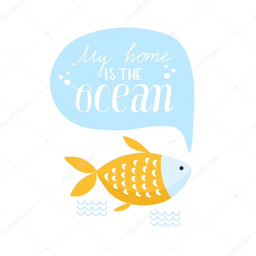 Vector doodle sea illustration. Scandinavian style. Ready cards with marine animals, whale, killer whale, crabs gull fish sea symbols