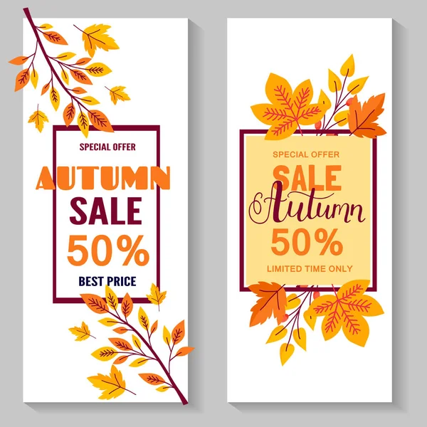 Ensemble de modèle de flyer de vente d'automne avec lettrage, feuilles orange. Promotion automne. Affiche, bannière, carte, étiquette et autre design. Illustration vectorielle — Image vectorielle