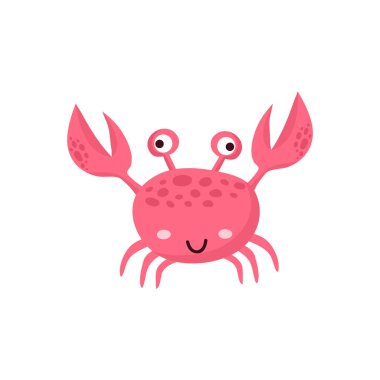 Beyaz arka planda izole edilmiş pençelerini kaldıran sevimli gülümseyen bir yengeç karakterinin vektör el çizimi.