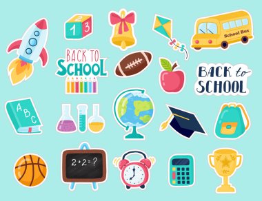 Mavi arka plan koleksiyonunda okul malzemeleri ile çıkartmalar