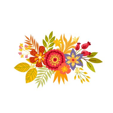 Elle çizilmiş buketleri kümesi. Renkli yaprakları ve çiçekleri çiçek kompozisyonu. Sonbahar, Güz konsepti. İzole vektör