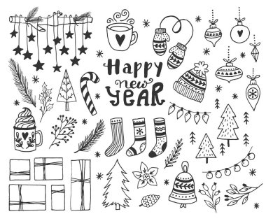 Elle çizilmiş doodle vektör çizim. Noel çizimler içinde siyah ve kırmızı sanat. Yazı, çam dalları, süs eşyaları, şeker, küçük kümeleriyle kutular Hediyelik Etiketler, etiket, kart, davetler için mevcut.