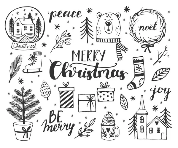 Hand drawn doodle vector illustration. Christmas line art drawings in black and red. Small sets with lettering, fir branches, ornaments, candy, present boxes for gift tags, labels, card, invitations. — Stock Vector