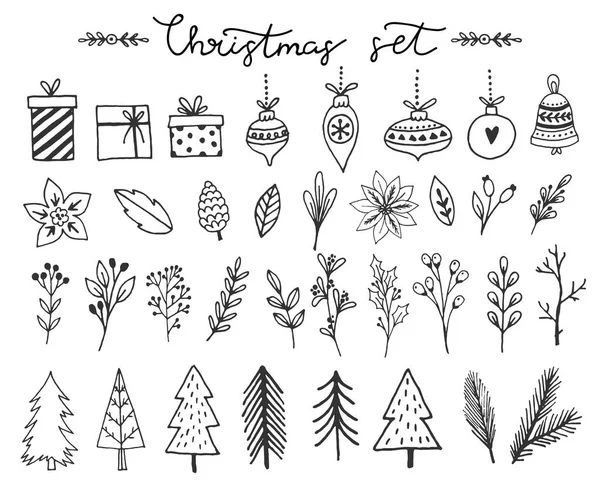 Hand drawn doodle vector illustration. Christmas line art drawings in black and red. Small sets with lettering, fir branches, ornaments, candy, present boxes for gift tags, labels, card, invitations. — Stock Vector