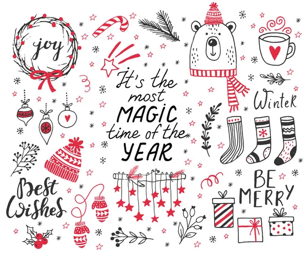 Hand drawn doodle vector illustration. Christmas line art drawings in black and red. Small sets with lettering, fir branches, ornaments, candy, present boxes for gift tags, labels, card, invitations. — Stock Vector