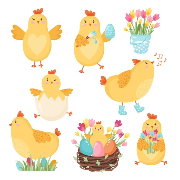 Σύνολο χαριτωμένα κινούμενα σχέδια κοτόπουλα Πάσχα σχεδιασμού. Εικονογράφηση διάνυσμα — Διανυσματικό Αρχείο