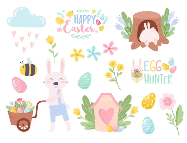 Ensemble de personnages de dessins animés de Pâques mignons et éléments de conception — Image vectorielle