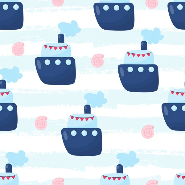 船と航海のシームレスなベクトル パターン。子供たちのグリーティング カードのデザイン、ファブリックや壁紙の明るい漫画イラスト — ストックベクタ
