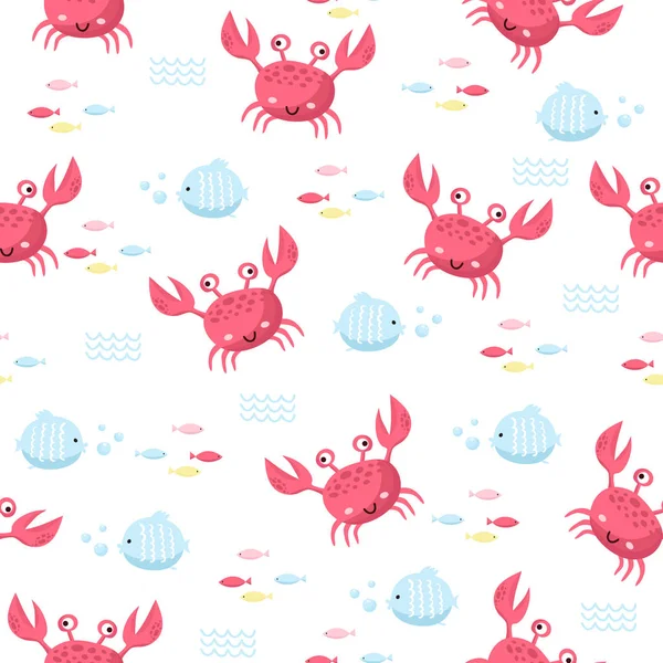 Nautical seamless vector pattern with crab. Bright cartoon illustration for childrens greeting card design, fabric and wallpaper — Stock Vector