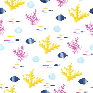 Yosun ile deniz dikişsiz vektör deseni. Çocuk tebrik kartı tasarımı, kumaş ve duvar kağıdı için parlak karikatür illüstrasyon