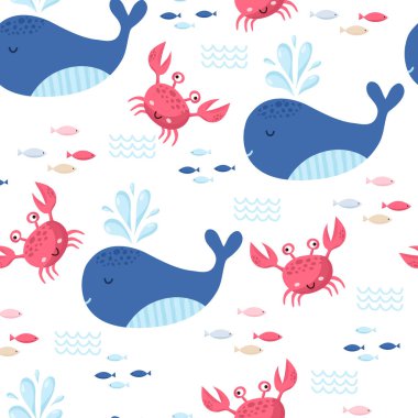 Balina ile deniz dikişsiz vektör deseni. Çocuk tebrik kartı tasarımı, kumaş ve duvar kağıdı için parlak karikatür illüstrasyon