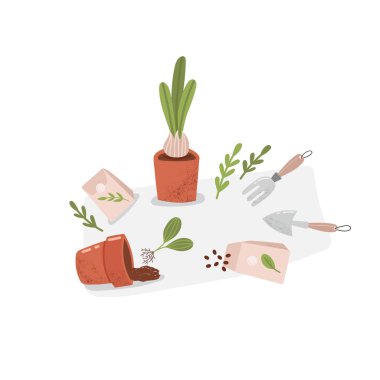 Bahçıvanlık kavramı. Bahçe aletleri. Renkli vektör illüstrasyonu