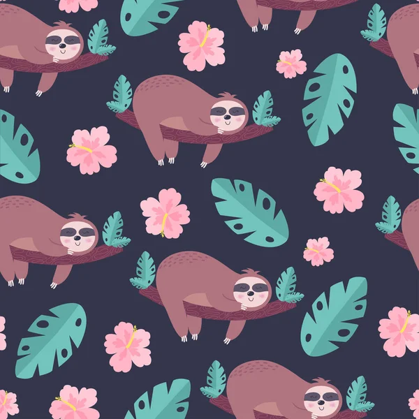 Motif tropical sans couture avec des paresseux drôles suspendus à l'arbre. Cool dessin animé imprimé d'été avec des fleurs tropicales et des feuilles. Vecteur — Image vectorielle