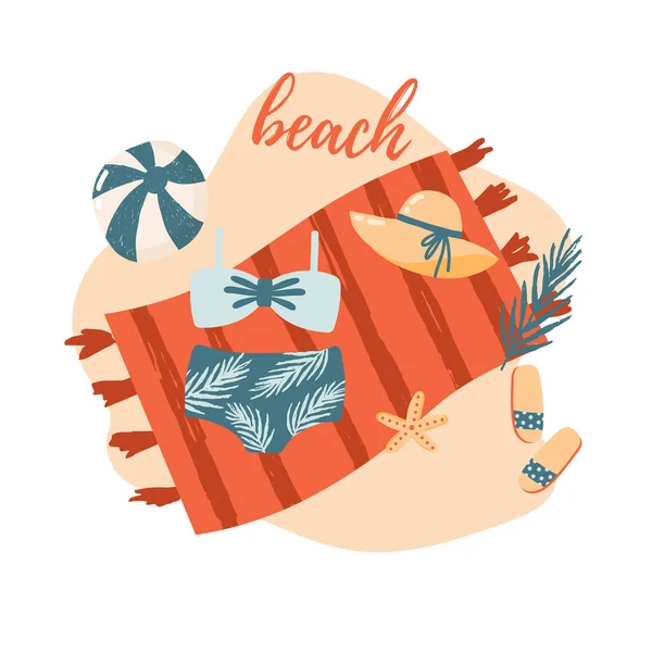 ビーチかわいい要素の水着、帽子、フリップフロップ、サングラス、ビーチタオルのセット。平面ベクトル図 — ストックベクタ