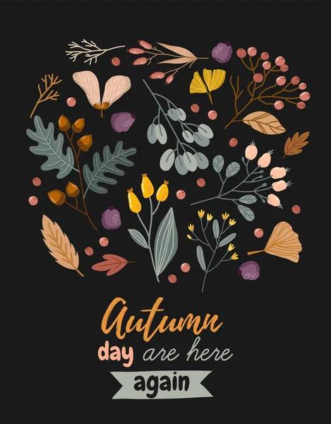 Carte d'automne avec feuilles d'automne, branches et baies — Image vectorielle