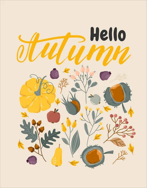 Carte d'automne avec citrouilles, feuilles d'automne, branches et baies — Image vectorielle