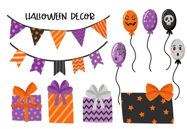 Halloween Illustrationer Halloween Inredning Band Gåvor Ballonger Lycklig Halloween Inskription — Stock vektor