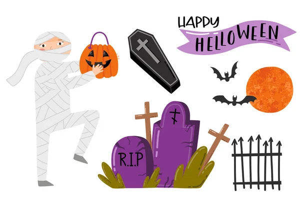 Halloween Ilustrace Chlapec Mumie Rakev Zombie Mystický Měsíc Šťastný Halloween — Stockový vektor