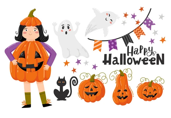 Halloween Ilustracje Dziewczyna Stroju Dyni Dynia Duch Wystrój Szczęśliwy Napis — Wektor stockowy