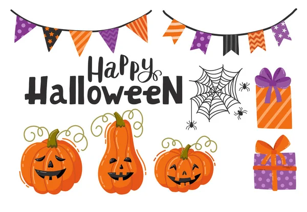 Halloween Ilustracje Dynie Wystrój Szczęśliwy Napis Halloween Wektor Pojedyncze Płaska — Wektor stockowy
