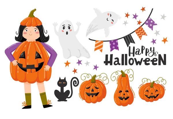 Ilustraciones Halloween Niña Traje Calabaza Calabaza Fantasma Decoración Feliz Inscripción Gráficos vectoriales