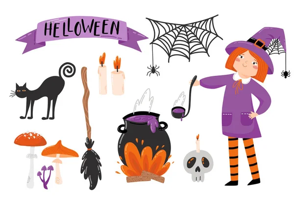 Иллюстрации Halloween Маленькая Девочка Ведьма Кошка Горшок Зельем Грибы Череп Векторная Графика