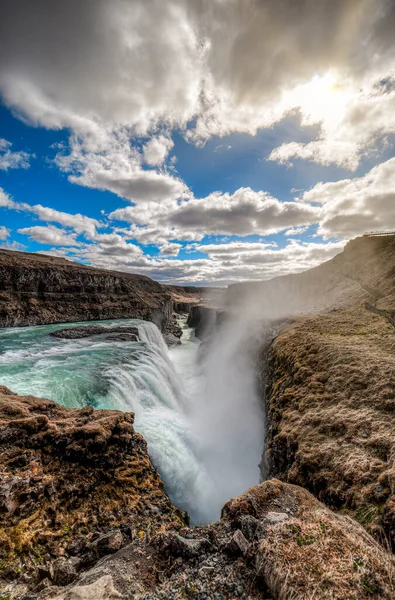Gullfoss Symbolträchtiger Stufenwasserfall Einem Ausgeprägten Ellbogen Des Flusses Hvita Island — Stockfoto