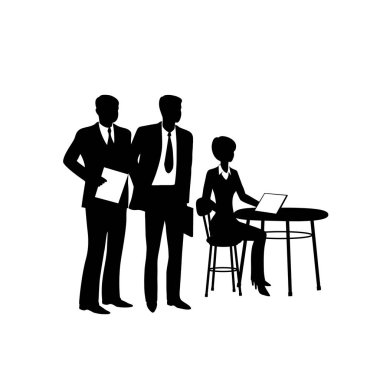 Bilgisayar ile masada oturan işadamı ortak çalışanlar için konuşuyor.