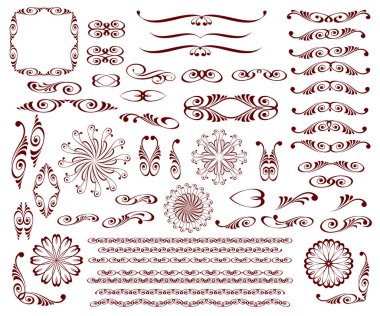 Dekoratif elemanlar: kenarlıklar, vinyetlerin, köşeleri, bölücüler. Vektör çizim