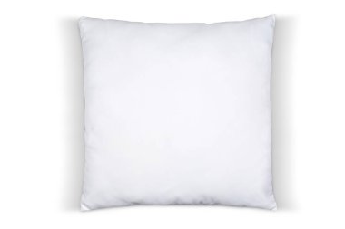 Yukardan beyaz yastığın yukarıdan görünüşü saf beyaz arkaplanda izole edilmiş ve yastığın etrafında bir kesme yolu var..