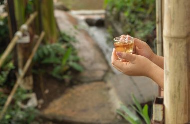 hot tea in her hand In the morning amidst refreshing nature