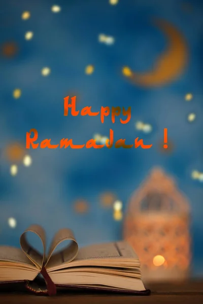 Happy Ramadan Sacred Book Quran Wooden Surface Blue Night Sky — Stock Photo, Image