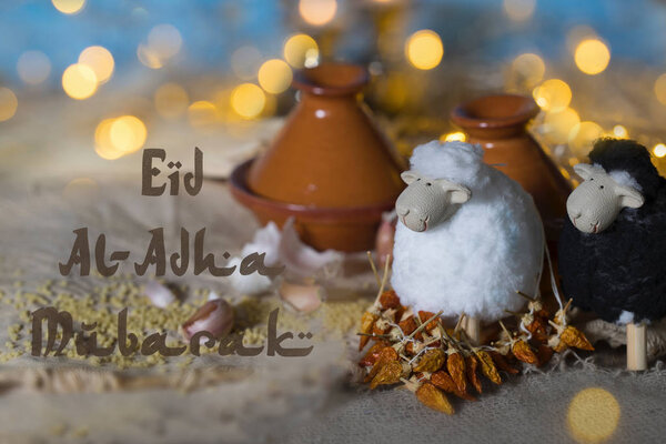 Eid Adha Mubarak Happy Festival Sacrifice White Black Lambs Tagine Royalty Free Stock Images