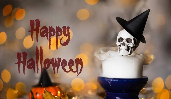 Teschio Una Vecchia Candela Usata Spooky Halloween Sfondo — Foto Stock