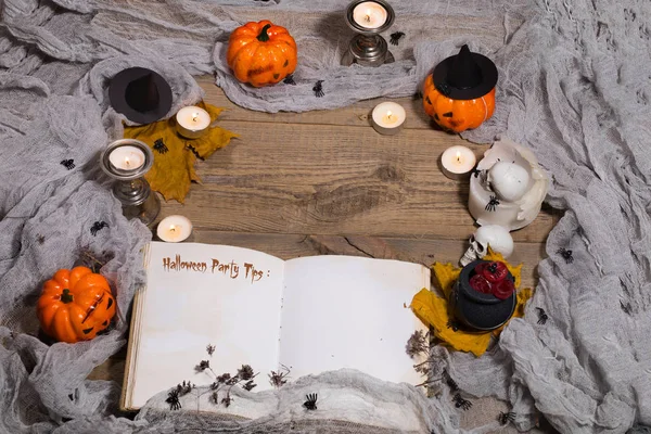 Halloween Party Tippek Nyitott Könyv Bewithcment Általános Szempontból Szabad Hely — Stock Fotó