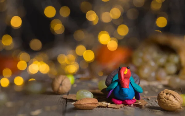 Handmade Turkey Thanksgiving Background Blurred Night Lights Closeup — Stock Photo, Image